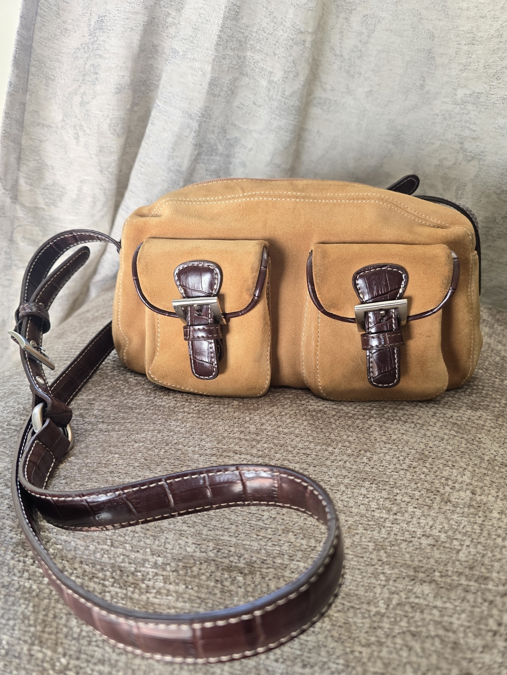 Tignanello Tan Suede Crossbody with Dark Brown Trim